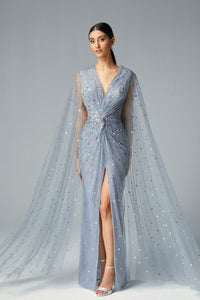 Gathered waistline pleated gown - HerTrove