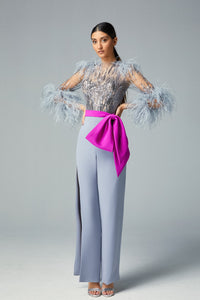 Feathered top with bow waist pants - HerTrove