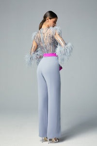 Feathered top with bow waist pants - HerTrove