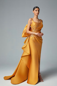 Draped bodice bow detailed overlay gown - HerTrove