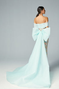 Draped neckline bow detailed sequined gown - HerTrove