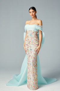 Draped neckline bow detailed sequined gown - HerTrove