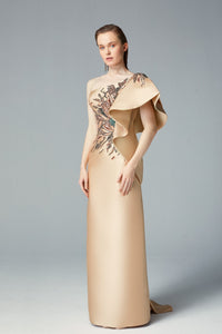 Ruffled shoulder beaded bodice column dress - HerTrove