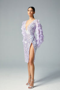 Ruffled sleeves fully beaded short dress - HerTrove