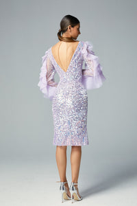 Ruffled sleeves fully beaded short dress - HerTrove