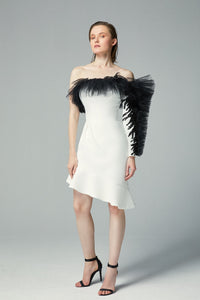 Ruffled neckline one sleeve dress - HerTrove