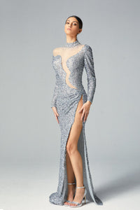 Cut out bodice beaded neckline high slit dress - HerTrove