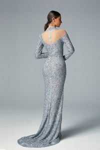 Cut out bodice beaded neckline high slit dress - HerTrove
