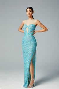 Cut out bodice side slit glitter dress - HerTrove