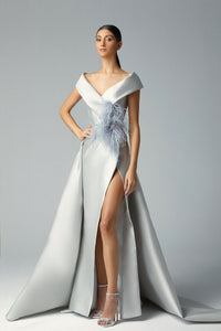 Feathered bodice high slit gown - HerTrove