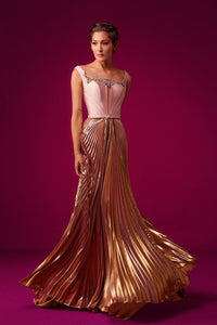 Hand beaded neckline fully pleated gown - HerTrove