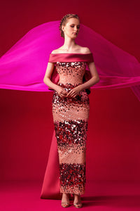 Fully beaded dress featuring mikado back bow and train - HerTrove