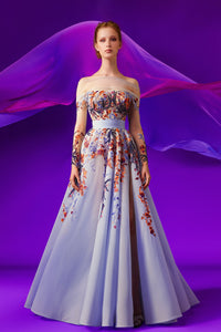 Long sleeves silk embroidered sweep train dress - HerTrove