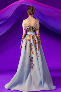 Long sleeves silk embroidered sweep train dress - HerTrove