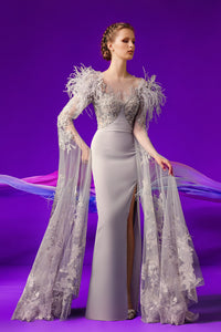 Cape sleeves beaded bodice side slit gown - HerTrove