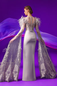 Cape sleeves beaded bodice side slit gown - HerTrove