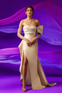 Beaded sleeves side slit asymmetrical gown - HerTrove