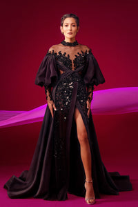 Hand beading and taffeta combination puff sleeves dress - HerTrove