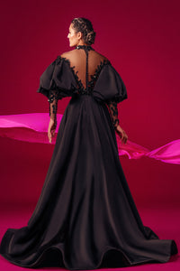 Hand beading and taffeta combination puff sleeves dress - HerTrove