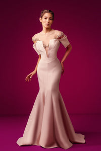 Plunging swarovski beaded neckline crepe dress - HerTrove