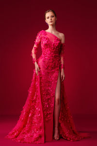 Asymmetrical neckline floral embroidery high slit dress - HerTrove