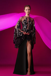 Cape sleeves velvet and crepe combination high slit dress - HerTrove
