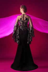 Cape sleeves velvet and crepe combination high slit dress - HerTrove