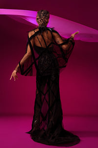 Embroidered velevet dress featuring geometrical motif cape - HerTrove