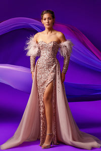 Fully beaded feathered sleeves dress featuring tulle overskirt - HerTrove