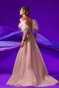 Fully beaded feathered sleeves dress featuring tulle overskirt - HerTrove