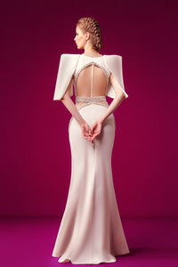 Crepe evening dress with band belt swarovski crystal on sheer waist - HerTrove