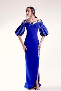 Puff sleeves beaded neckline column dress - HerTrove
