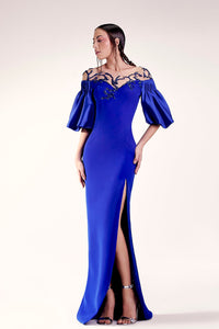 Puff sleeves beaded neckline column dress - HerTrove