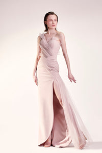 Draped asymmetrical side slit gown - HerTrove