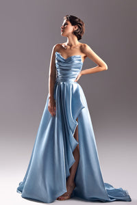 Draped bodice high slit pleated dress - HerTrove