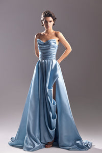 Draped bodice high slit pleated dress - HerTrove