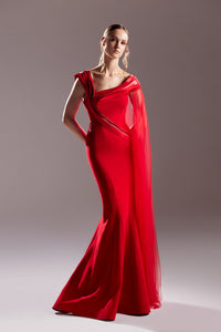 Cape sleeve mermaid silhouette crepe dress - HerTrove