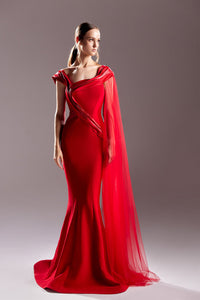 Cape sleeve mermaid silhouette crepe dress - HerTrove