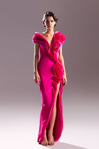 Asymmetric ruffled neckline side slit dress - HerTrove
