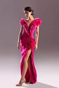 Asymmetric ruffled neckline side slit dress - HerTrove