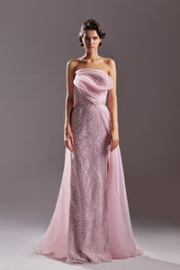 Sleeveless beaded dress featuring sweep train overskirt - HerTrove