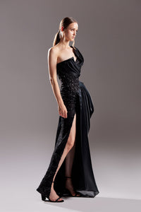 Pleated and beaded one shoulder dress - HerTrove