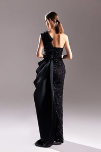 Pleated and beaded one shoulder dress - HerTrove