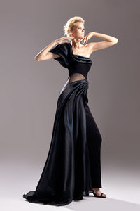 Asymmetric neckline one shoulder pleated gown - HerTrove