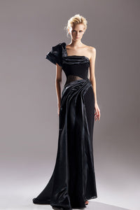 Asymmetric neckline one shoulder pleated gown - HerTrove