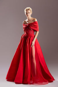 Off shoulder draped waistline voluminous dress - HerTrove
