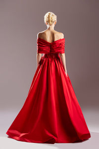 Off shoulder draped waistline voluminous dress - HerTrove