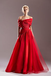 Off shoulder draped waistline voluminous dress - HerTrove