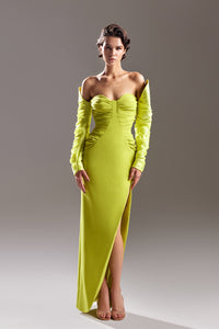 Off sleeves heart shaped neckline crepe dress - HerTrove
