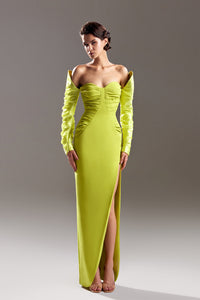 Off sleeves heart shaped neckline crepe dress - HerTrove